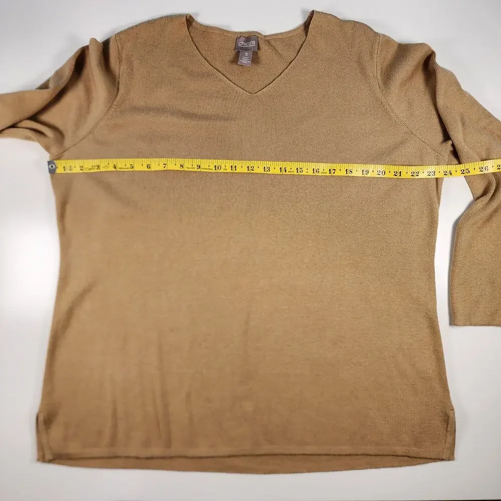 Chico's Camel V-Neck Knit Sweater Size 3 Relaxed Minimalist